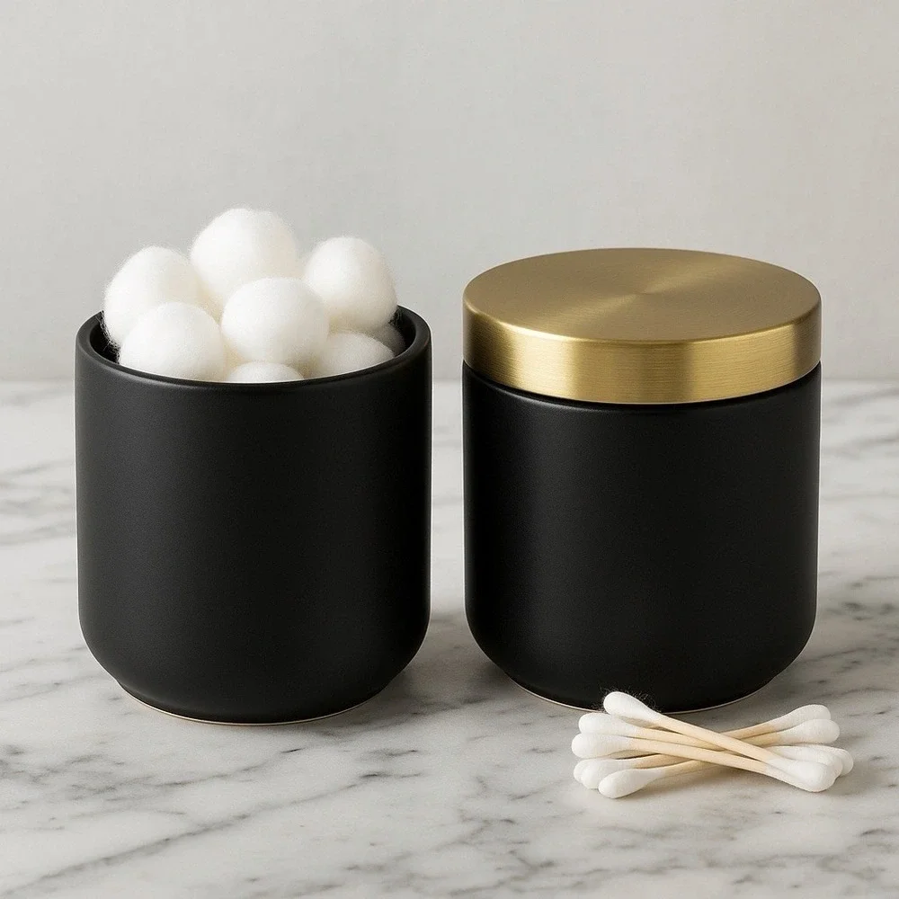 Z Gallerie Multi Use Storage Duo Set of 2 Ceramic Canisters Gold Metal Lids